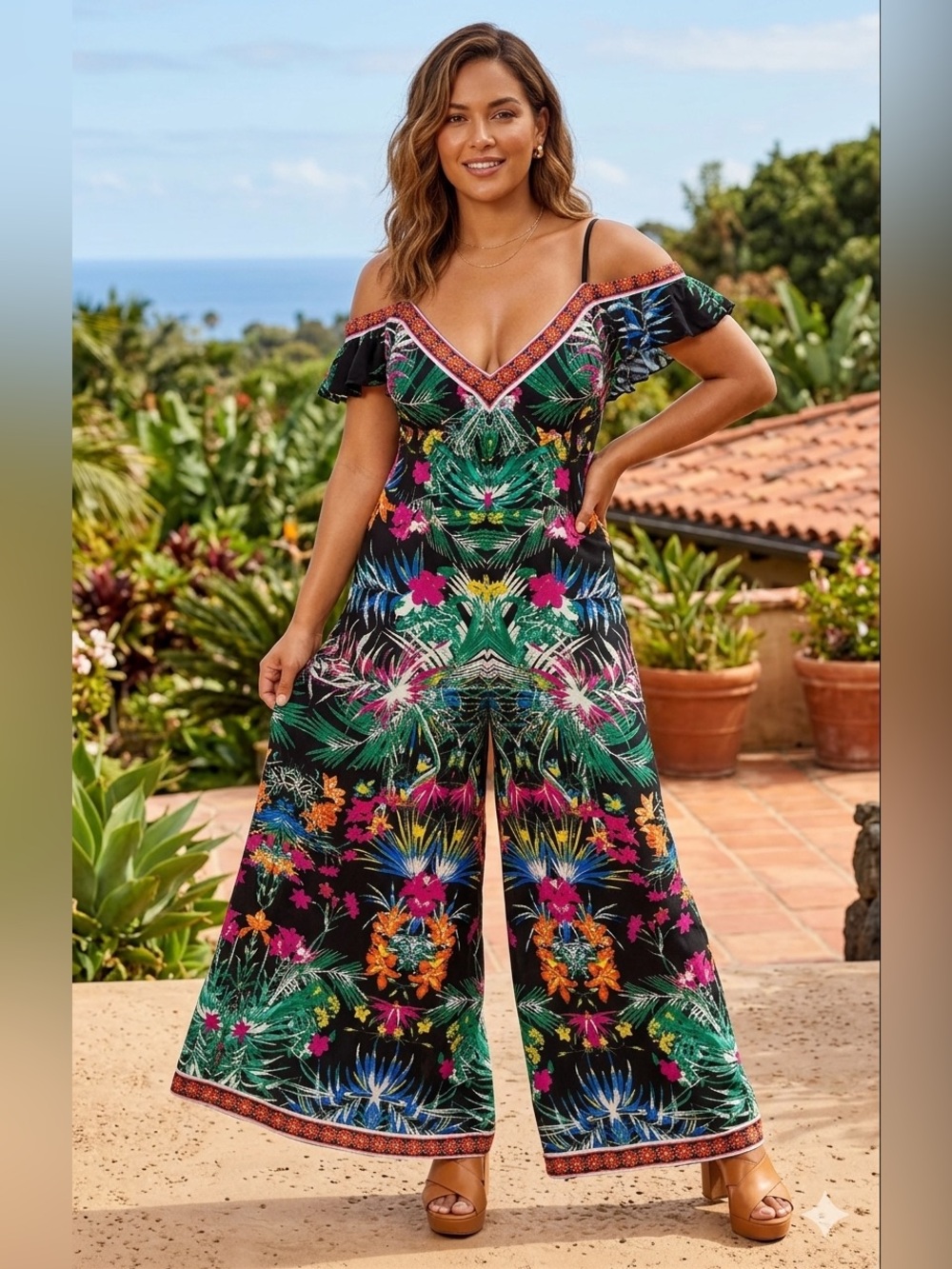 Flying Tomato Black Tropical Off-Shoulder Wide-Leg Jumpsuit size L